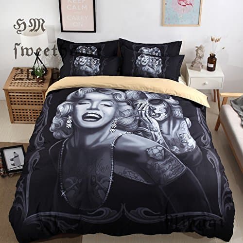 Home4Joys Mask Skull with Tattoo Marilyn Monroe Bedding Sets Pillows Case Duvet Cover Bedding Comforter Set Cotton Size Queen/Full Black
