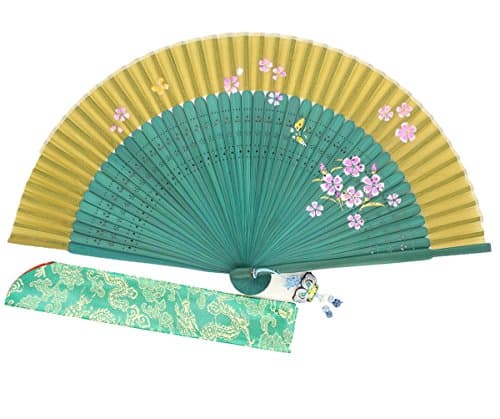 Wise Bird Hand Held Folding Wood Fan F697 (Design 2017) Japanese Chinese Handheld Silk Breeze Pocket Fan For Women,Outdoor Wedding Party Decorations with Silk Pouch and Embroidery.Gifts for Women