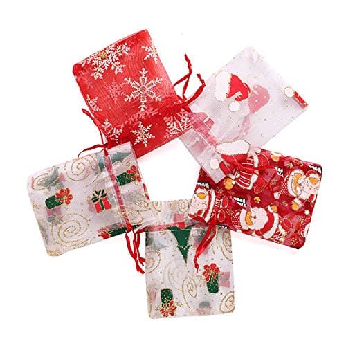 JUNICON 36Pcs Assorted Christmas Organza Gift Bags New Year Drawstring Jewellery Pouches Snowflake Candy Goodie Bags for Xmas Wedding Party Favors Baby Shower Bags (10x15cm)