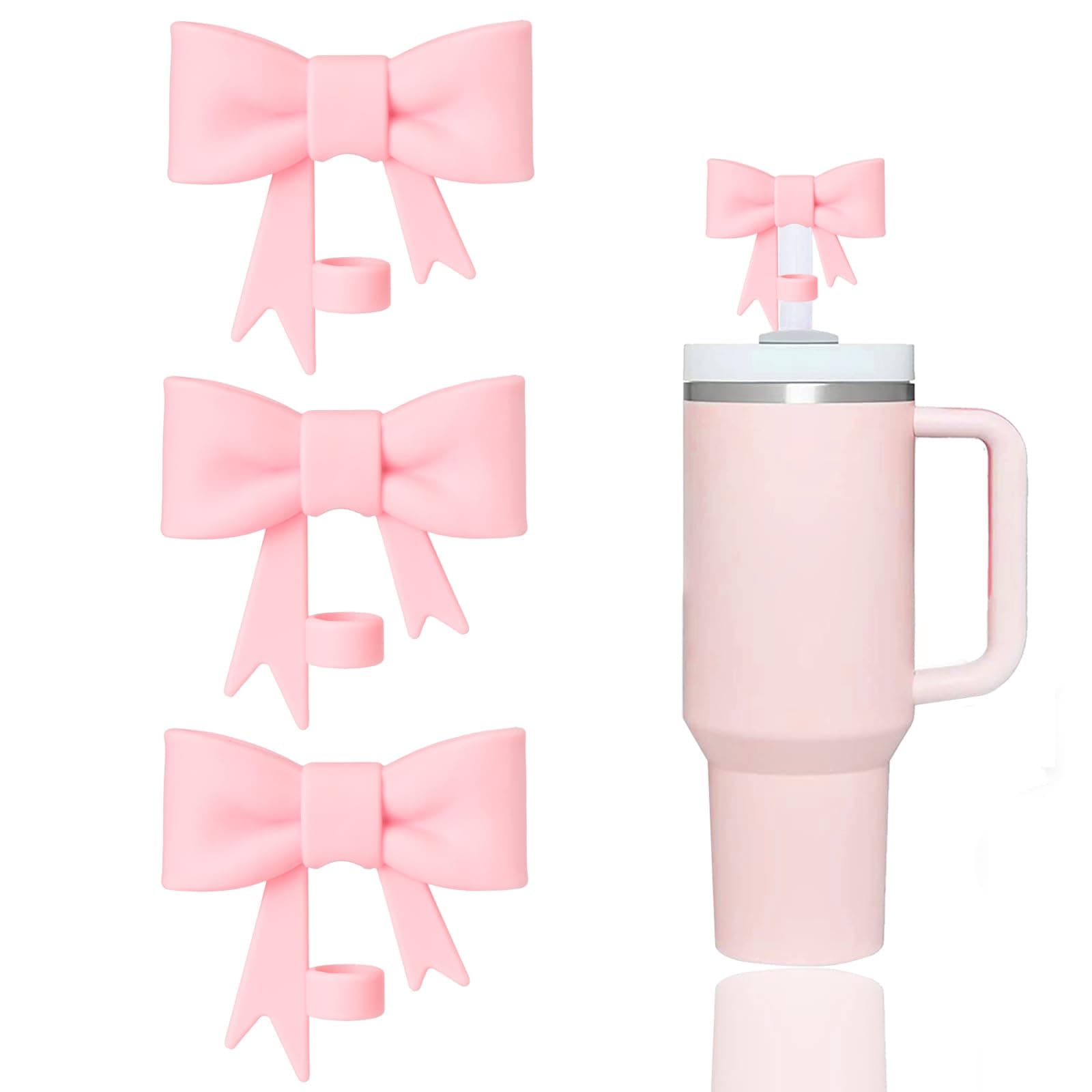 3 Pcs Classic Pink Bow Straw Covers Cap Toppers Compatible with Stanley 30&40 oz Tumbler Cup,Reusable Cute Silicone Straws Tips Lid Protectors for 0.4 in/10mm Stanleys Cups Straw Accessories