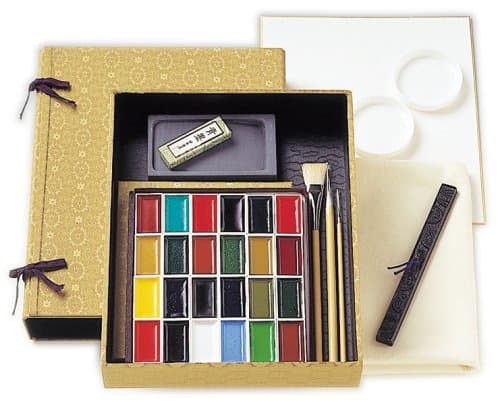 Nihonga Sumi-e Watercolour Painting Full Set - 24 Colours plus Inkstick and Inkstone (Japan Import)
