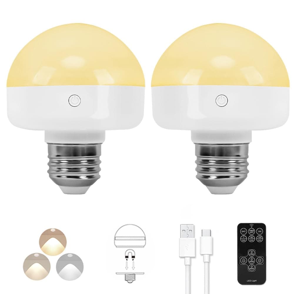 BLUEYE Rechargeable Light Bulbs,7W,350LM,40W Equivalent,Remote Control,E26 Detachable Charging,3 Color Temperatures,Battery Operated Puck Emergency Lamp,Timer,Dimmer,for Non-Hardwired,2Packs