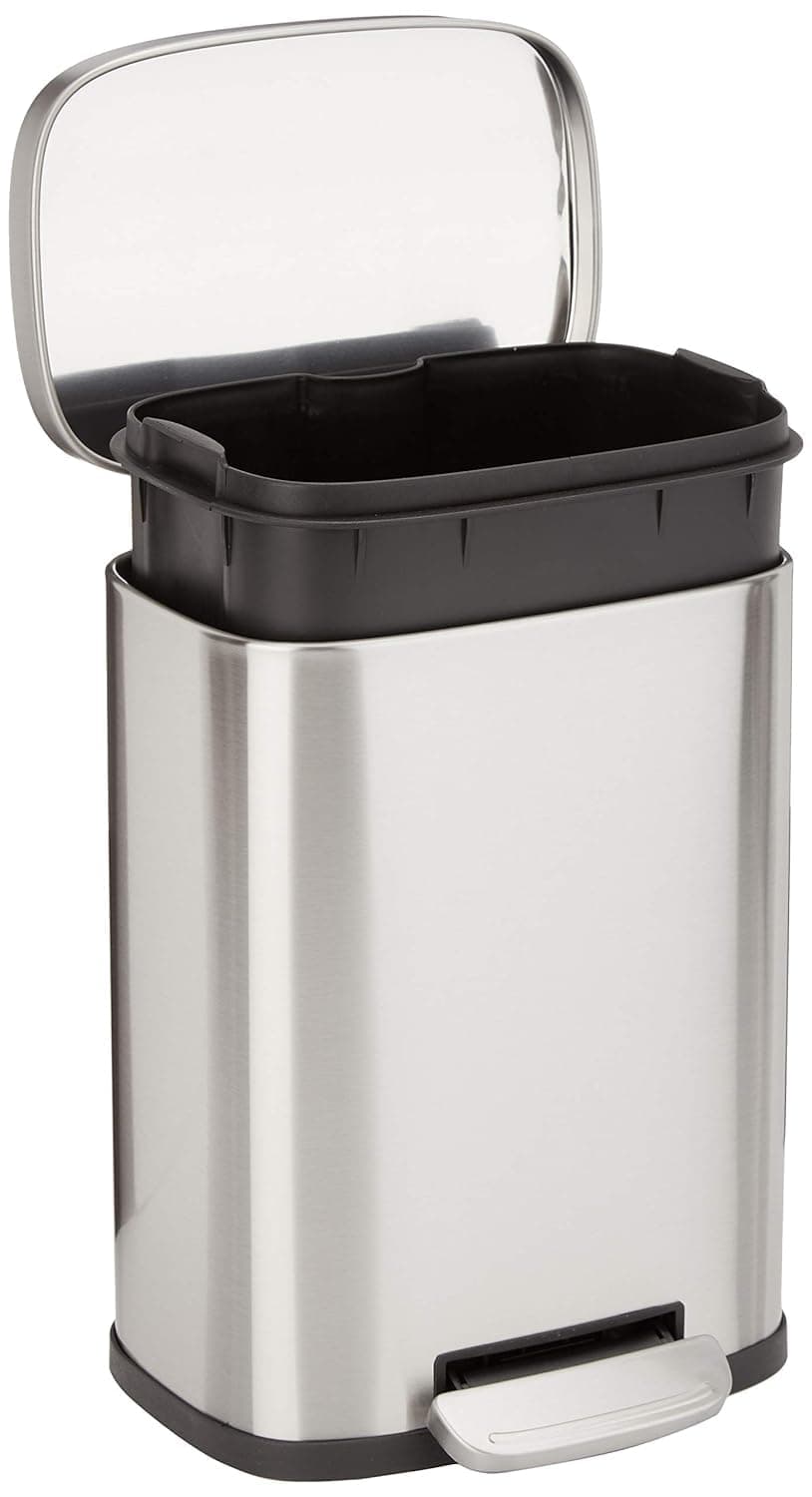 Smudge Resistant Rectangular Trash Can with Soft-Close Lid, Foot Pedal, Removable Inner Bucket, 5L/1.32 Gal, Brushed Stainless Steel, for Bathroom & Small Space, Satin Nickel Finish