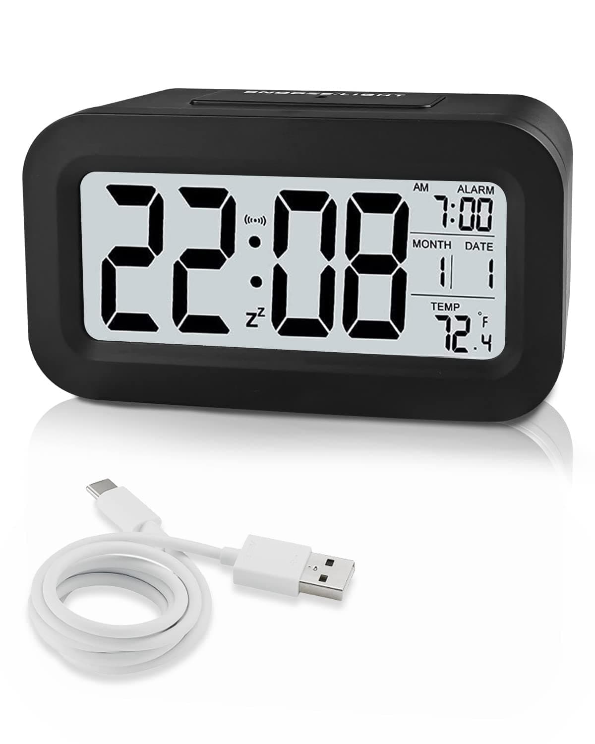 Rechargeable Alarm Clocks, Digital Alarm Clocks Bedside Mains Powered with Adjustable Brightness, 12/24Hours Date and Temperature Display Snooze Function for Bedroom Home Travel Office
