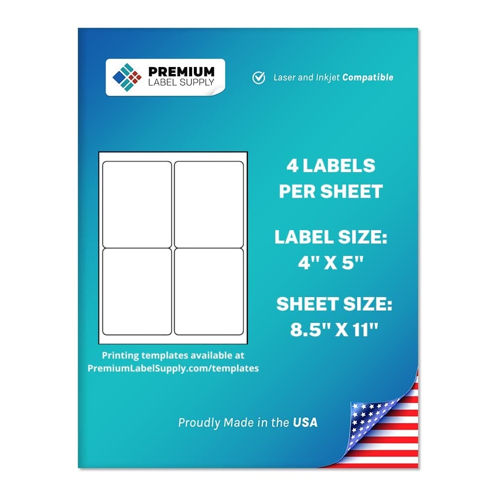 Premium Label Supply White Sticker Shipping Labels – 4" x 5" – Laser/Inkjet Compatible – (4 per Sheet), 25 Sheets - 100 Total Adhesive Labels