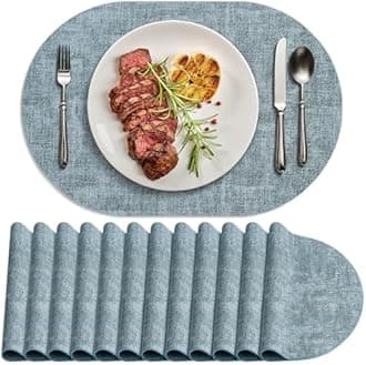 Placemats Set of 12 Washable, Heat Resistant Table Placemats Wipeable Faux Leather Oval Place Mats Non Slip, Waterproof Oval Table Mats for Indoor Outdoor, Light Blue