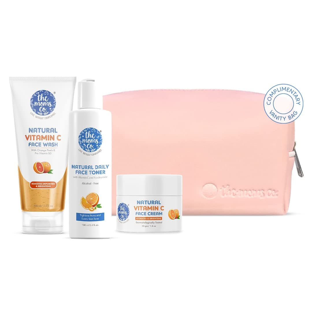The Moms Co. All Day Glow Vitamin C Routine Kit l Clean & Glowing Skin I Oil Free Look I Orange Beads - Face Wash I Toner I Cream l Free Vanity Bag 300 gms