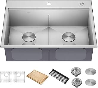 KRAUS Kore 30-Inch Drop In/Top Mount Workstation 16 Gauge 50/50 Double Bowl Stainless Steel Kitchen Sink with Accessories, KWT302-30