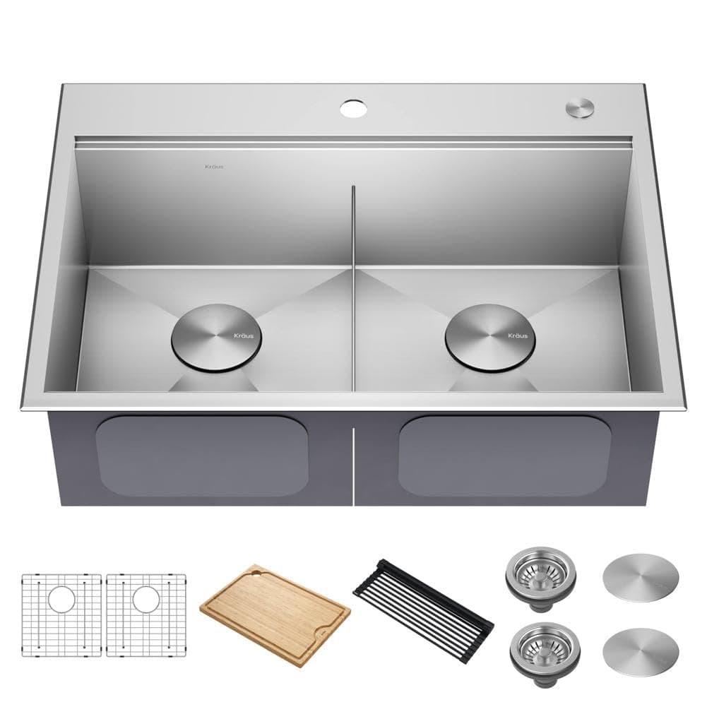 Kore 30-Inch Drop In/Top Mount Workstation 16 Gauge 50/50 Double Bowl Stainless Steel Kitchen Sink with Accessories, KWT302-30