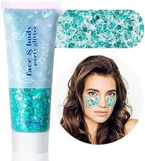 MEICOLY Teal Body Glitter,Holographic Mermaid Face Glitter Gel for Halloween Face Paint,Dazzle Green Chunky Glitter for Face Body Hair,Sparkling Self-Adhesive Gel Glitter Makeup for Women and Kids