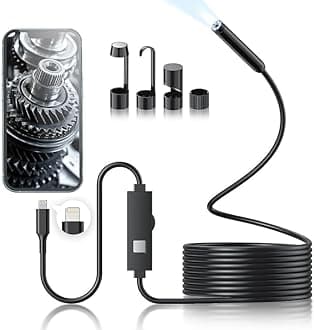 Endoscope Camera with Light, 1920P HD Borescope with 8 Adjustable LED Lights, 10ft Semi-Rigid Snake Cable, 7.9mm IP68 Waterproof Industrial Inspection Camera Compatible for Android, iPhone, iPad