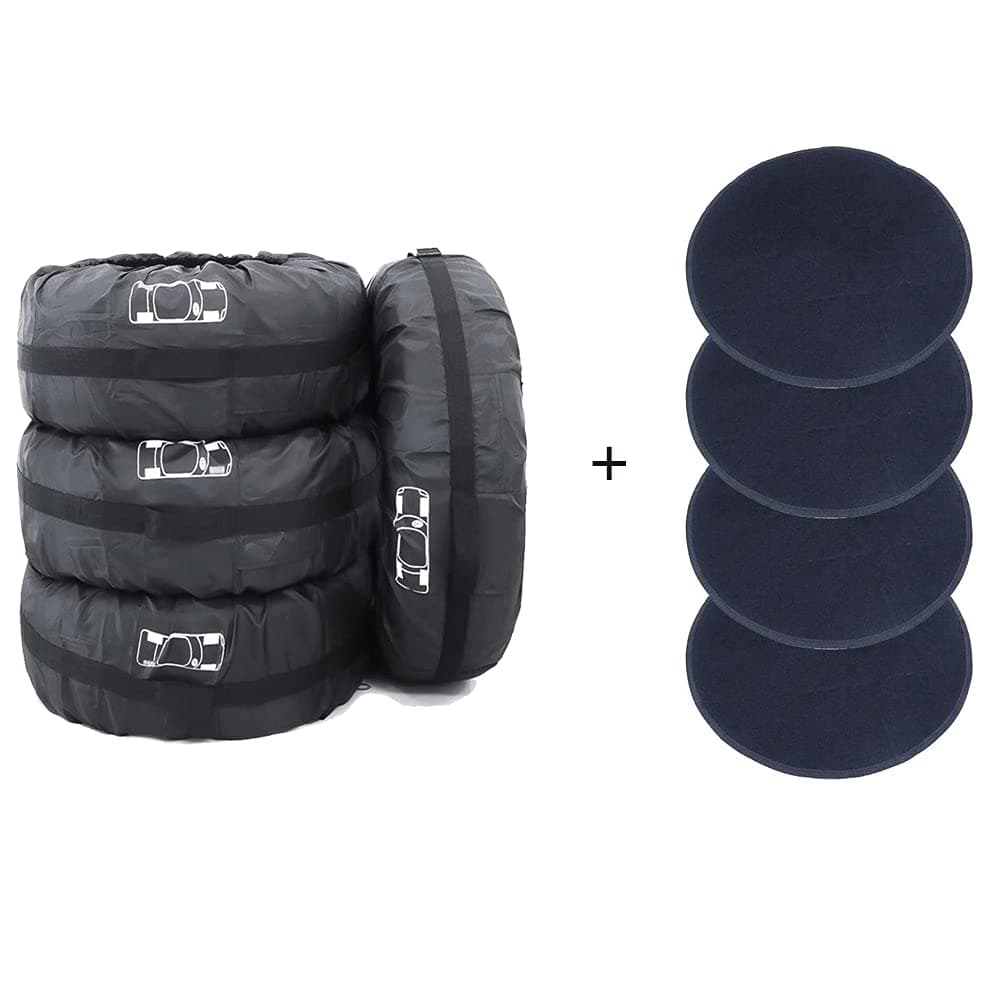 FLR 4 Pcs Black Tire Cover 66cm/26in Diameter Foldable Spare Tire Covers with 4 Pcs Wheel Felts Protection Covers Storage Bags Wheel Cover for Car Off Road Truck