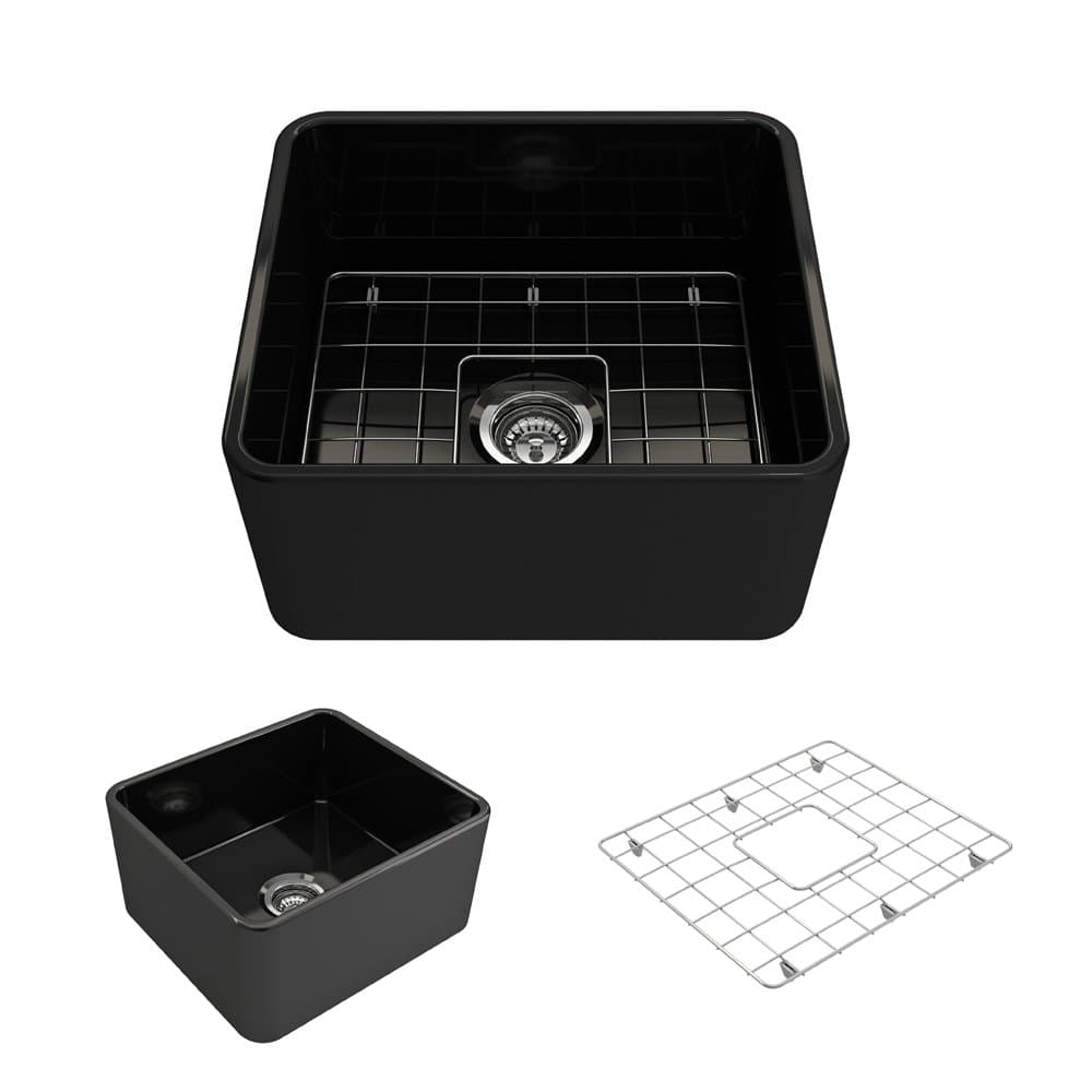 Classico Farmhouse Apron Front Fireclay 20 in. Single Bowl Kitchen Sink with Protective Bottom Grid and Strainer in Black