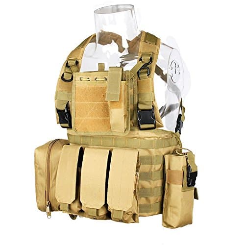 RRV Chest Rig MOLLE Vest with 4 Pouches Lightweight Adjustable One Size Fits Most Low Profile Plate Carrier with MOLLE Webbing Mag Radio Admin First Aid Pouch