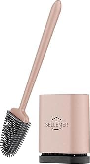 Sellemer Toilet Brush and Holder Set - Flexible Toilet Bowl Brush Head with Silicone Bristles, Compact Size for Storage and Organization, Ventilation Slots Base (1 Pack, Rose Gold)