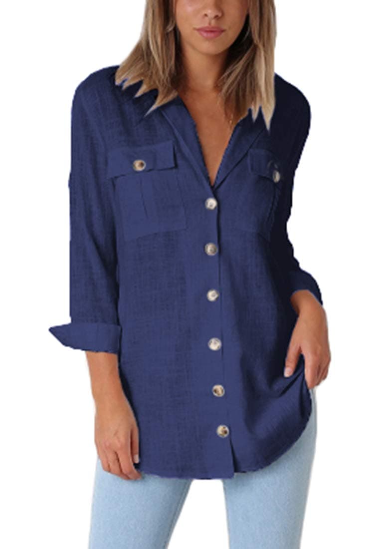 Women's Long Sleeve Button Down Shirts Blouses Casual Roll Up Sleeve Top