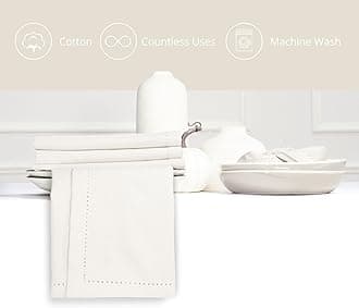 PurpleEssences Set of 12 Hemstitch Cloth Dinner Napkins 100% Cotton - Soft Durable Washable -Ideal for Events Wedding Christmas Easter-Perfect Everyday Use Table Linen Cloth Napkins 18x18 - Cream