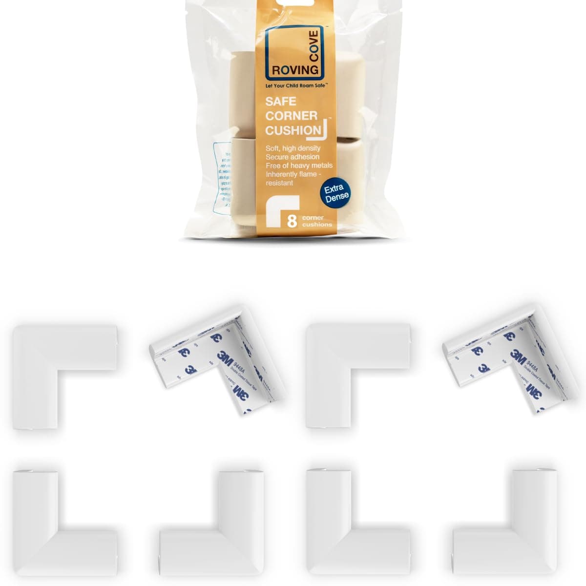 Roving Cove Slimfit Corner Protector for Baby Proofing (8 Small Corners), Soft Rubber Foam Furniture Corner Bumper Guards, 3M Adhesive Pre-Taped, Oyster White (Off White)