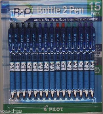 Pilot B2P - Bottle to Pen - Retractable Ball Point Pens Made from Recycled Bottles, 15 Pen Pack, Medium Point - 1.0 mm, Black/Blue/Red/Green/Purple (32825) Eco Friendly