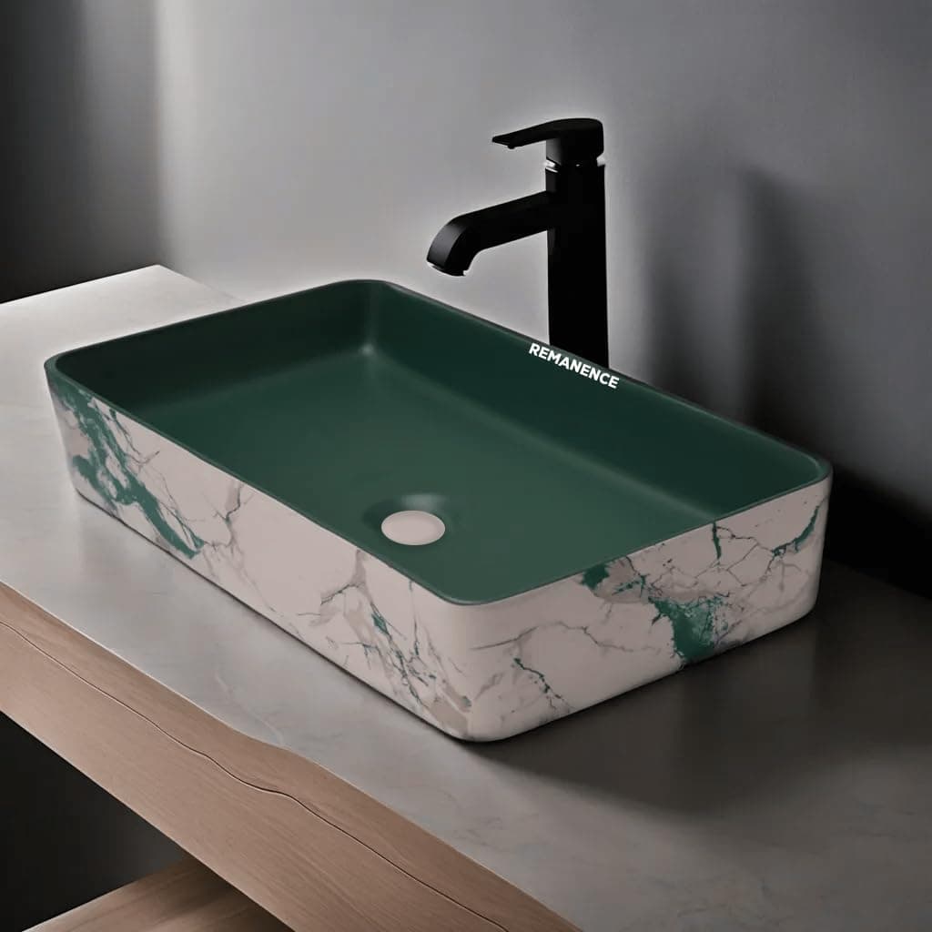 REMANENCE Designer Table Top Wash Basin For Bathroom | Ceramic Bathroom Sink | Wash Basin Over Counter Bathroom Basin (24 x 14 x 4 Inch) (Designer Green N White SL 57)