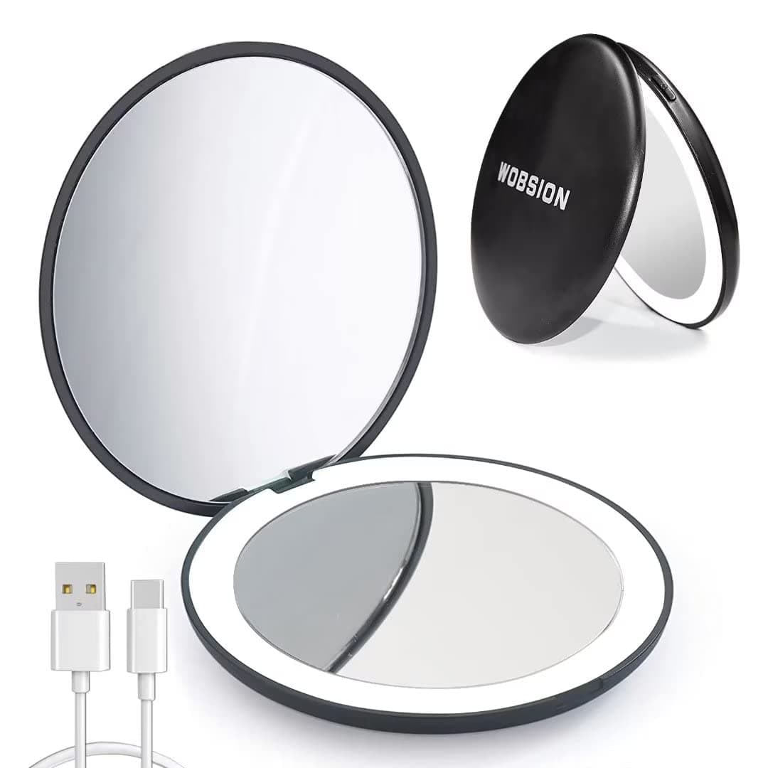 WOBSION Travel Mirror with Light, Rechargeable 1x/10x Compact Magnifying Mirror, Dimmable Pocket Mirror,3.5inch Travel Size,Portable for Handbag,Purse,Gift,Black