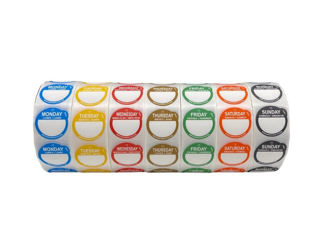 QSRProducts Removable Day Label - 1 inch - Peel Tab - Week (Mon-Sun) (7000 Stickers) - Food and Restaurant Day Dots - FIFO - Inventory Management Labels - Meal Prep Stickers - Gift Tags