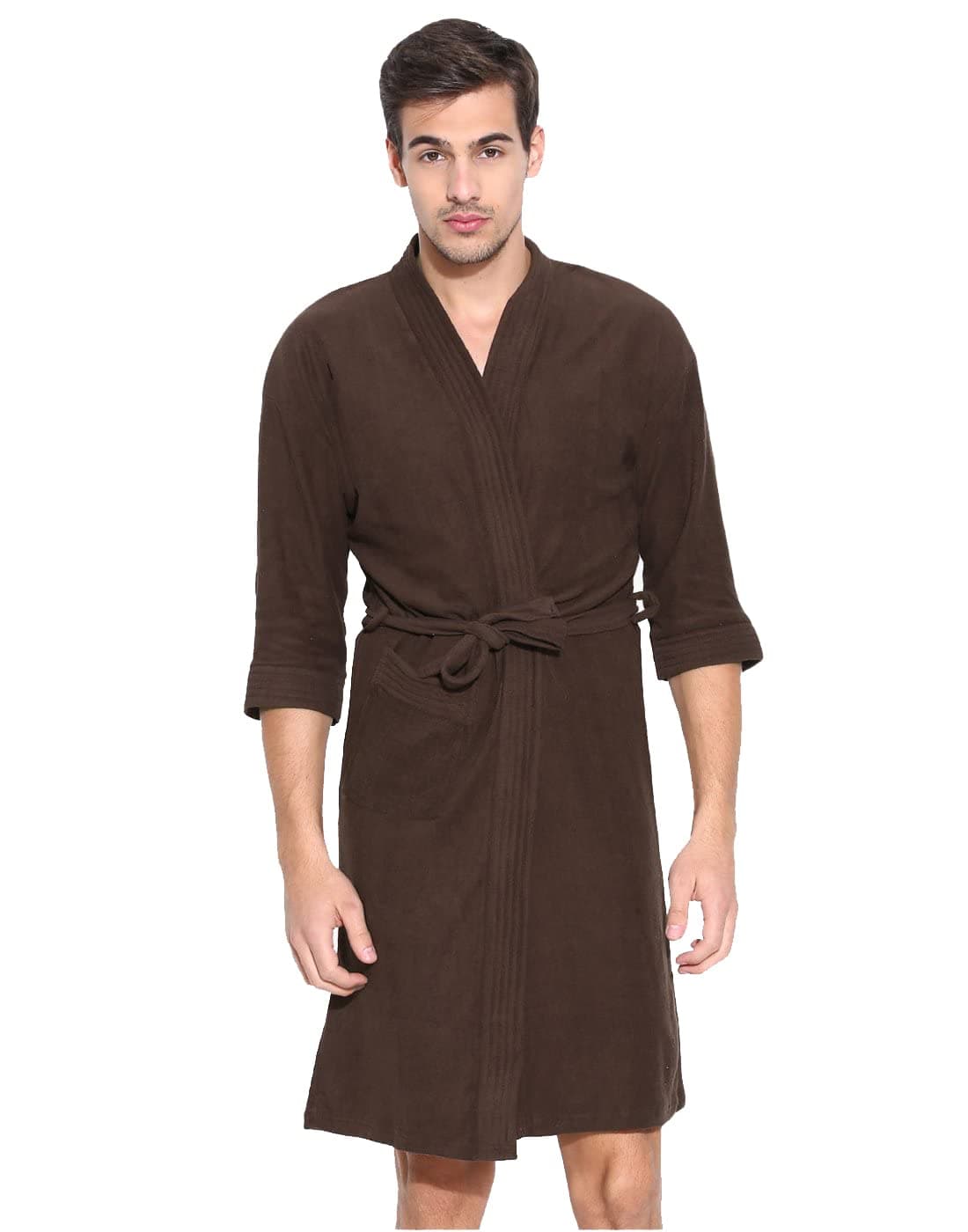 FeelBlue Premium Micro Terry Free Size Unisex Adult Bathrobe with Front Pocket - Brown