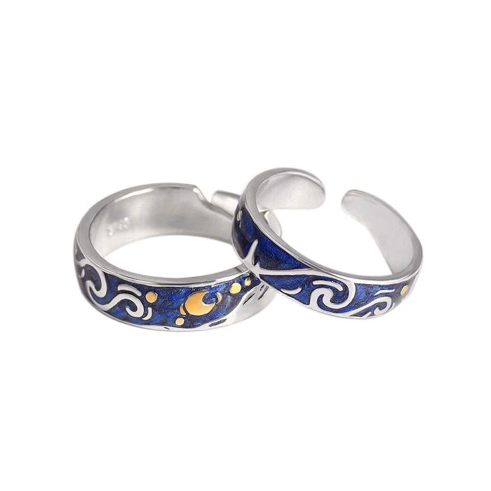 2pcs S925 Sterling Silver Rings Van Gogh's Sky Design Handmade Unique Blue Open Band Ring Promise Ring Size 5-9.5 Jewelry Gift for Women and Girls-Adjustable Size