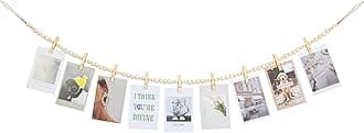 Hanging Photo Display Wall Decor, Boho Wooden Bead Garland Collage Picture Frame with 9 Wood Clips for Bedroom, Living Room, Office, Dorm Decor, Photos Holder Christmas Cards Teen Girl Gifts