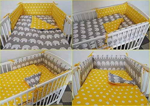 3 pc Baby Bedding Set for COT 120X60 OR COT Bed 140X70 - Stars-Elephant- (COT Bed Size 140X70, Grey Elephant - Yellow with DOTS - Reversible)