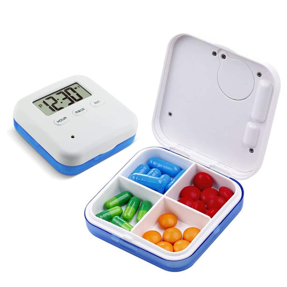 Hanguang Pill Box, 4 Compartment Intelligent Sealed Alarm Pill Box, Mini Portable Electronic Pill Timer-Reminder-Dispenser with Digital Screen for Vitamins, Cod Liver Oil, Supplements and Medication