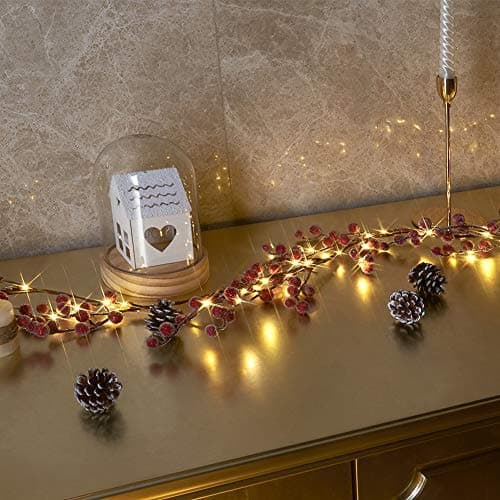EAMBRITE LED Lighted Artificial Red Berry Holiday Garland 6FT 70 LED Battery Operated with Timer for Christmas Halloween Decoration Indoor Outdoor Use String Lights Wire