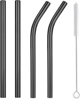 Reusable Wide Mouth Straws - 8.5" & 10.5" Stainless Steel, Set of 4 with CleanerBrush, Black Metal Straws forThicker Drinks
