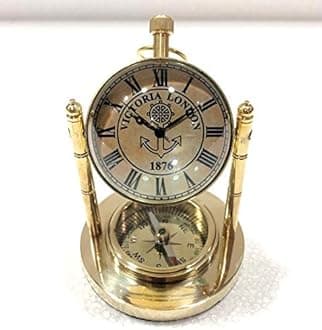Quality Step Pacakers Nautical Art Antique Victorian London Old Style Brass, Glass Clock Watch with Compass Vintage Desk Table/Office Table Decor (4 x 2.5 inches)