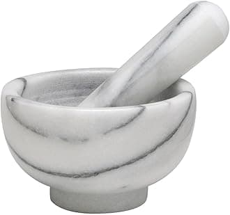HIC Kitchen Mortar and Pestle Set, Solid Carrara Marble, 3.8-Inch, Spice Herb Grinder, Pill Crusher, Nut Butter Maker