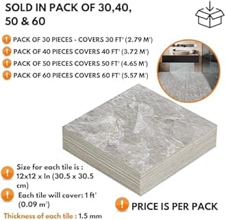 Vinyl Floor Tiles Self Adhesive - 50 Pack To Cover 50 sqf (4.65 sqm) | Each Sticker Tile Size 12x12In (30.5 x 30.5cm) - Peel and Stick Vinyl Floor Tiles | Light Grey Marble Effect