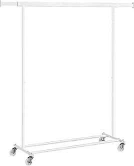 Clothes Stand with Wheels, Extendable Coat Rack for Heavy Loads, Total Load 100 kg, 45 x (92-132) x 161.5 cm, Easy to Assemble and Move, White, HSR013W01