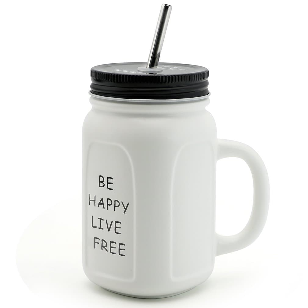 Cute Mason Jar Mug Square Iced Coffee Tea Mug Ceramic Mug with Tin Lid Stainless Steel Straw Gift Mug for Women Men 14 Ounce White