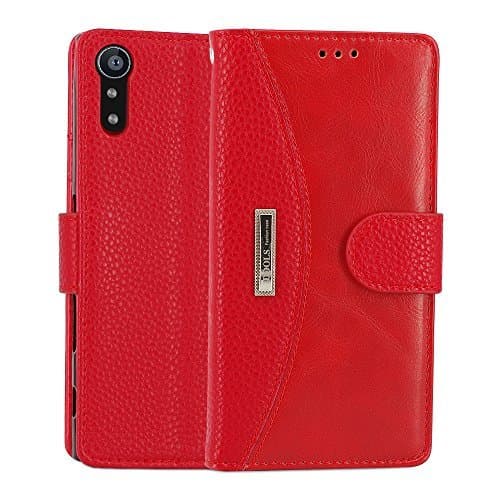 IDOOLS Holster Phone Cover for Xperia XZ, Folding Flip Cases Protective Cover Strong Magnetic Closure Protector with Card Slots Kickstand (Red, 5.2”)
