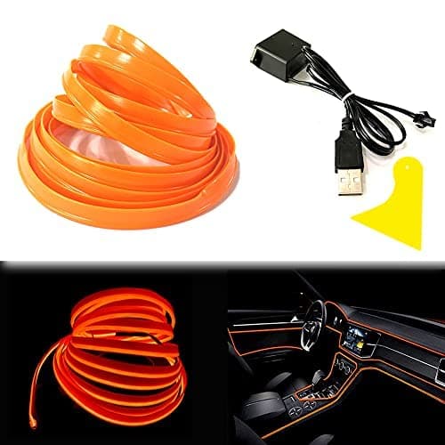 El Wire Orange Interior Car LED Strip Lights, 5M Neon Wire USB 5V with Fuse Protection for Automotive Interior Decoration, with 6mm Sewing Edge