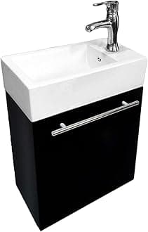 Dandi Wall Mount Cabinet Vanity Sink Combo 17 3/4" W Small Heavy Duty White Porcelain Bathroom Sink, Black Cabinet, Faucet, Pop Up Drain with Overflow and Towel Bar Renovators Supply Manufacturing