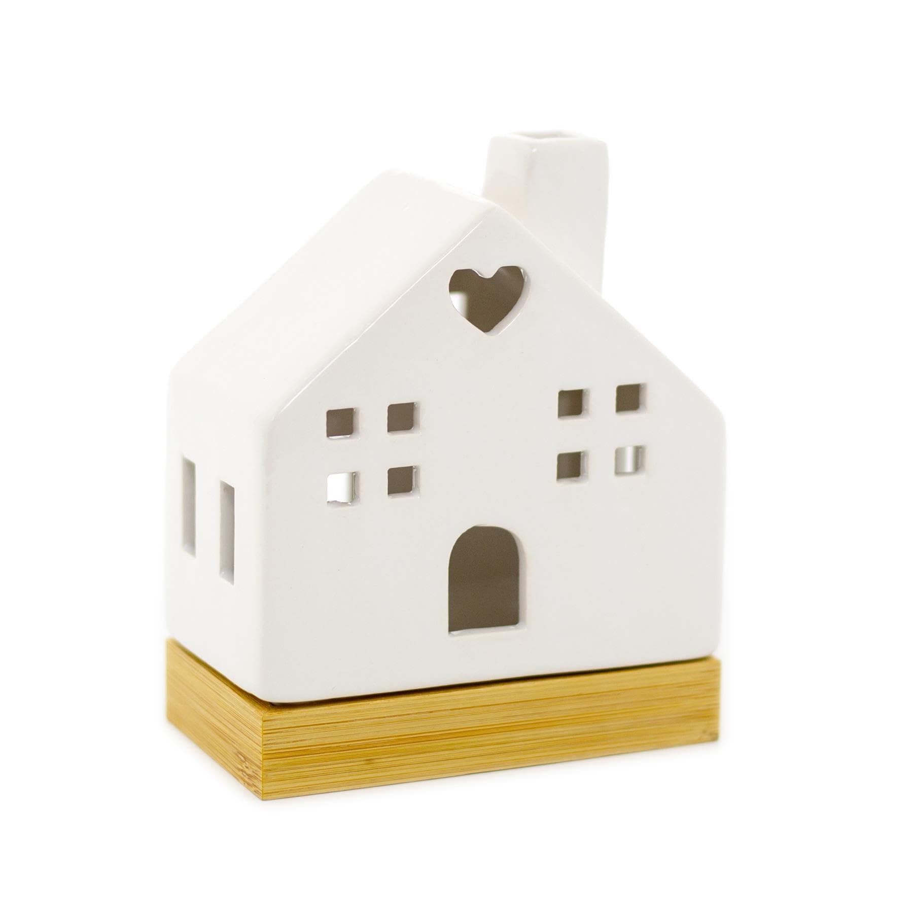 White Ceramic LED Christmas House Ornament on Bamboo Base | LED Christmas Night Light Decoration