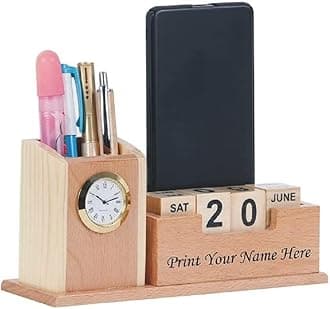 Wooden Desk Organizer with Clock and Calendar, Pen Stand, Mobile Phone Holder with 2 Compartments for Home and Office - Customized, Personalized Gift, Get Your Name Printed