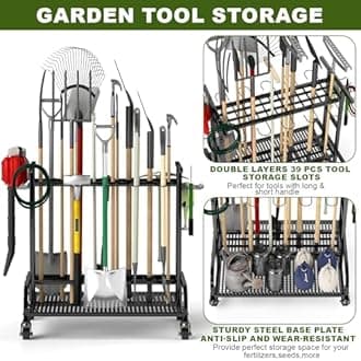 tonchean Garden Tool Tower Storage Rack with Wheels 360° Rotating Garden Tool Storage Organizer Trolley Shelf Heavy Duty Lawn Tool Holder Rolling Tool Cart for Garage Shed Workshop Patios