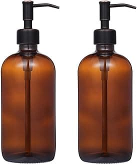2 Pack Thick Amber Glass Pint Jar Soap Dispenser with Oil Rubbed Bronze Stainless Steel Pump, 16ounce Boston Round Bottles Dispenser with Rustproof Pump for Essential Oil, Lotion Soap