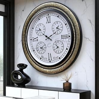 - Vintage Clock Extra Large Handcrafted Brass Inlay Wooden Clock / 1 Year Warranty/World Clock (VC-1711-24-WC)
