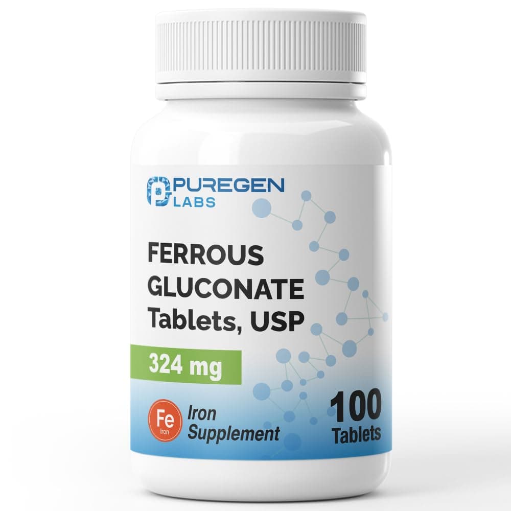 Puregen Labs Ferrous Gluconate 324 mg [High Potency] Iron Supplement, Gentle on Stomach - 100 Tablets