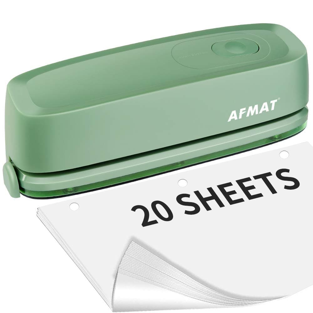 AFMAT Electric 3 Hole Punch, 20-Sheet 3 Hole Puncher for Binder, Effortless Punching, 9/32" Hole Diameter, Paper Hole Puncher 3 Hole Heavy Duty, for Office/School/Studio, AC or Battery Operated, HP10