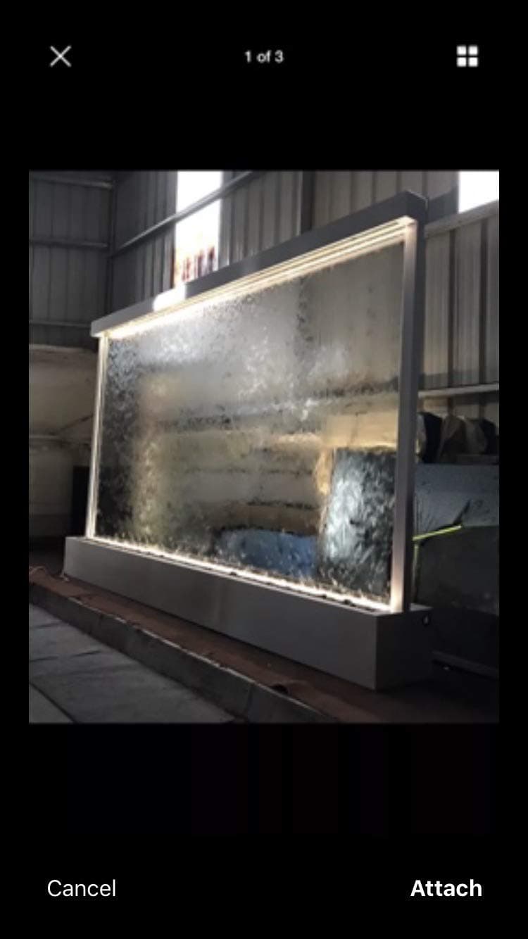 Standing Waterfall 72” Wide x 48” Tall Clear Glass, St Steel Frame, Color Changing Lights, Remote Ctrl by Jersey Home Decor