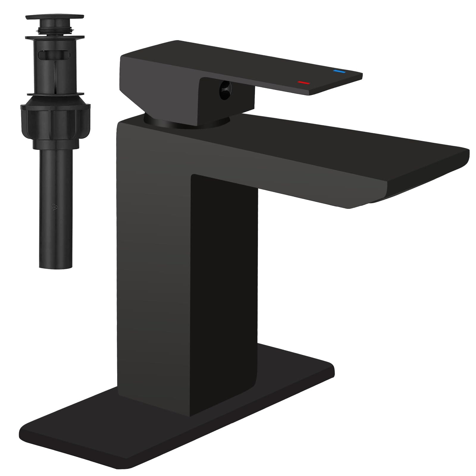 Hoimpro Matte Black Waterfall Single Hole Bathroom Faucet with 6" Deck Plate, Stainless Steel Bathroom Sink Faucet with Pop-up Drain, Rv Vanity Vessel Faucet with Supply Lines, Matte Black